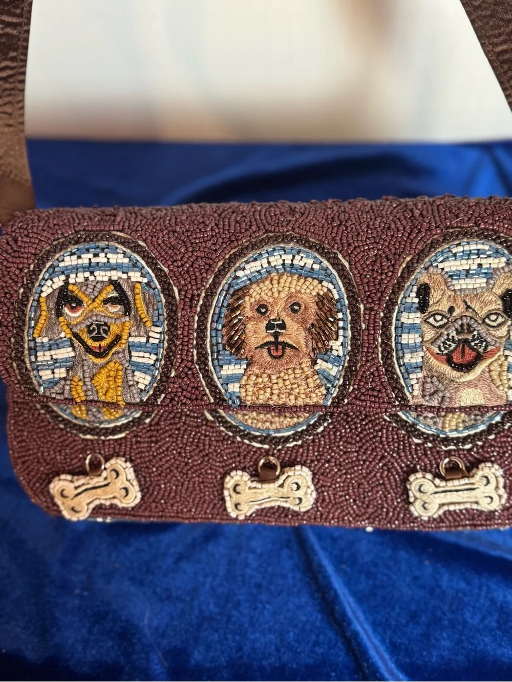 Viral Beaded 3 Dog Motif Shoulder Bag - Brown